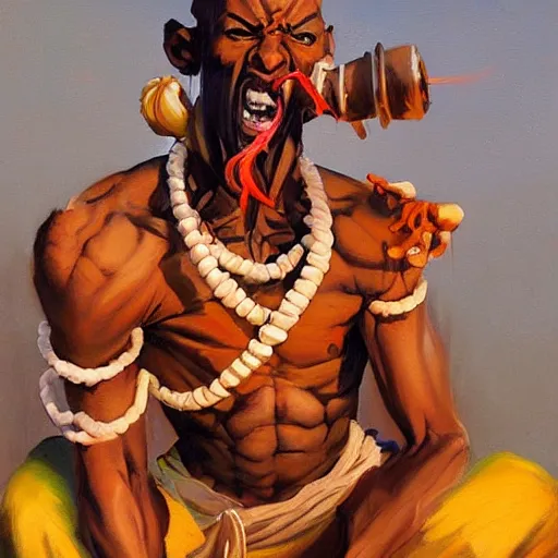 Image similar to greg manchess portrait painting of dhalsim from street fighter spitting fire as overwatch character, medium shot, asymmetrical, profile picture, organic painting, sunny day, matte painting, bold shapes, hard edges, street art, trending on artstation, by huang guangjian and gil elvgren and gerald brom