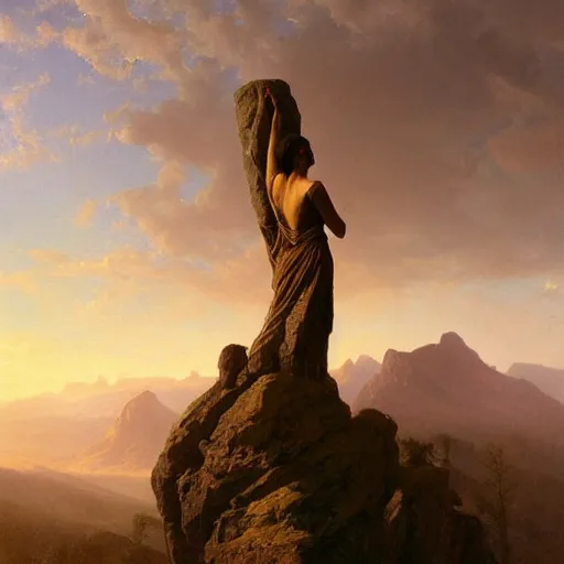 Prompt: an ultradetailed matte landscape painting of mountain sized sculpture of a beautiful and elegant woman, sunrise on the horizon in the background, stone hand raised up, 8 k, art by greg rutkowski and albert bierstadt