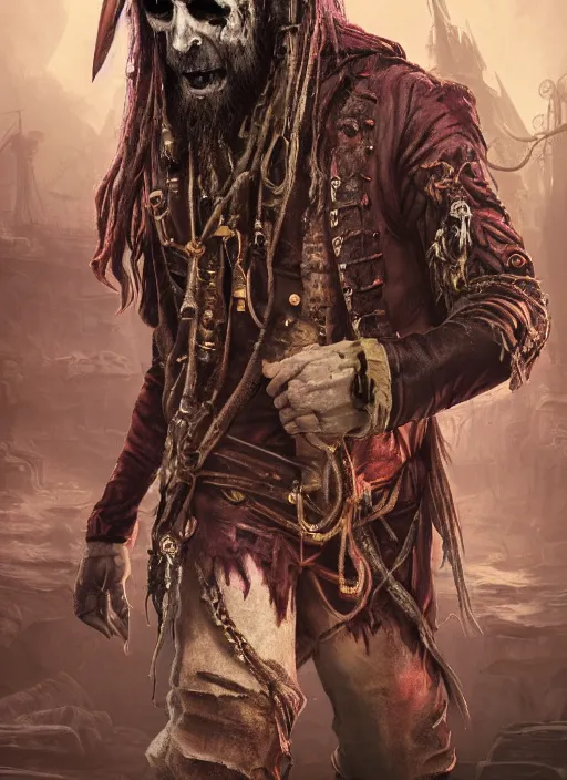 Image similar to detailed full body concept art, illustration matte painting, Rob Zombie as a pirate in full intricate colorful clothing, ultra detailed, digital art, octane render, 4K, dystopian, micro details