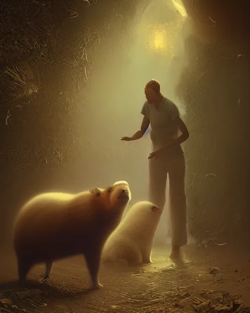 Image similar to white capybara petted by dark vader, surreal photography, volumetric light, impressionist painting, digital painting, artstation, kilian eng, john harris, bastien lecouffe - deharme, simon stalenhag