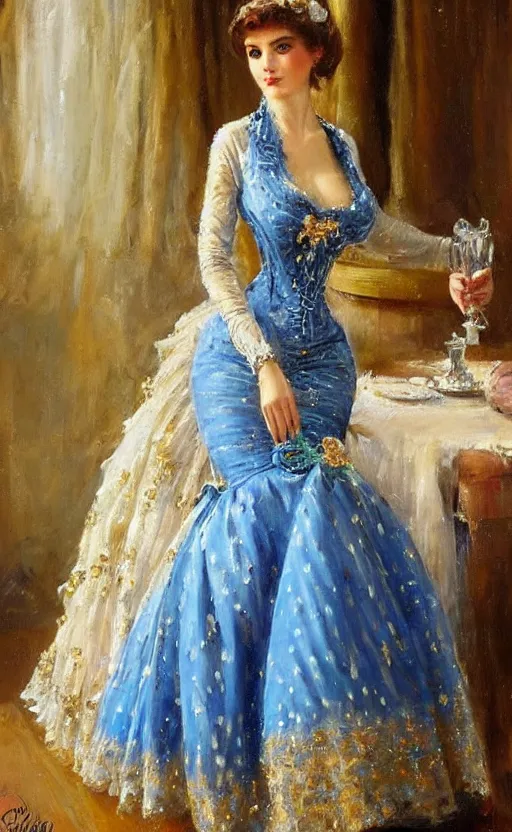 Prompt: Elegant laydy in blue victorian dress with gold ornaments. By Konstantin Razumov, highly detailded