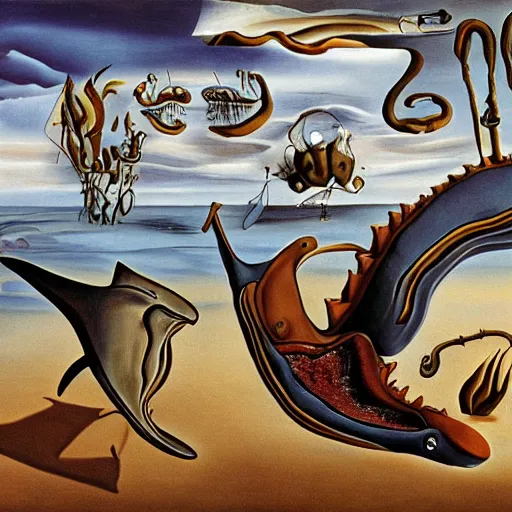 Image similar to sharks in the persistence of memory of salvador dali