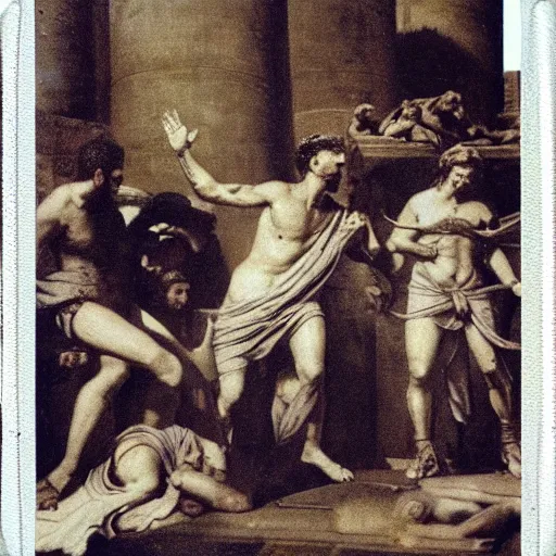 Image similar to a Polaroid photo of the death of Julius Caesar in ancient Rome