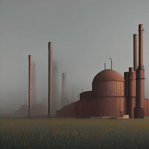 Image similar to mosque in style of steel factory, mist, simon stalenhag