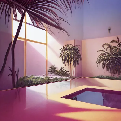 Image similar to indoor liminal space, golden light, peter tarka, palm trees, pink door, minimalistic, hyperrealistic surrealism, award winning masterpiece with incredible details, epic stunning, infinity pool mirrors, a surreal vaporwave liminal space with mirrors, highly detailed, trending on artstation, artgerm and greg rutkowski and alphonse mucha, daily deviation