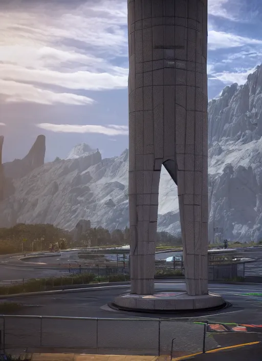 Prompt: highly detailed render of a high tech futuristic tall stele standing on the road ring made in unreal engine 4