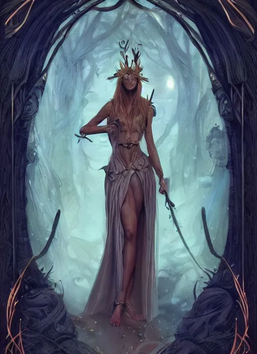 Image similar to tarot!!, fairy queen, fantasy medieval, no noise, elegant, concept art, sharp focus, beautiful face!!, digital art, smooth defined outlines!!, by Brom, trending on Artstation, Tom Bagshaw, Sargent