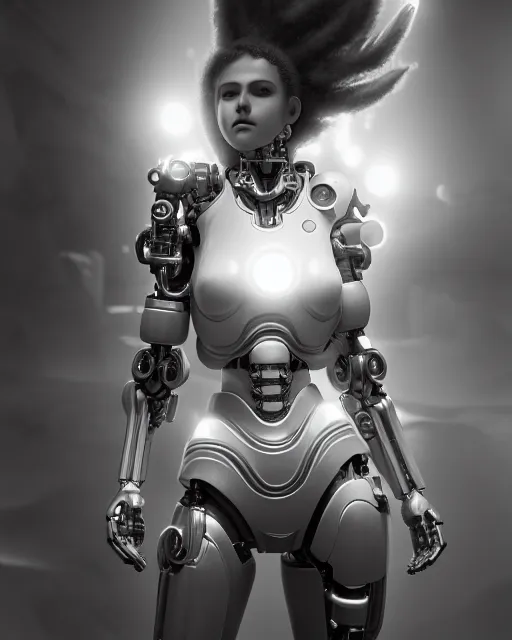 Prompt: dreamy, monochrome, subsurface scattering, white, cyborg goddess in cosmos, black and white, octane render, photo - realistic, cgsociety, justin gerard, highly detailed, rim light, art, cinematic lighting, very coherent, hyper realism, 8 k