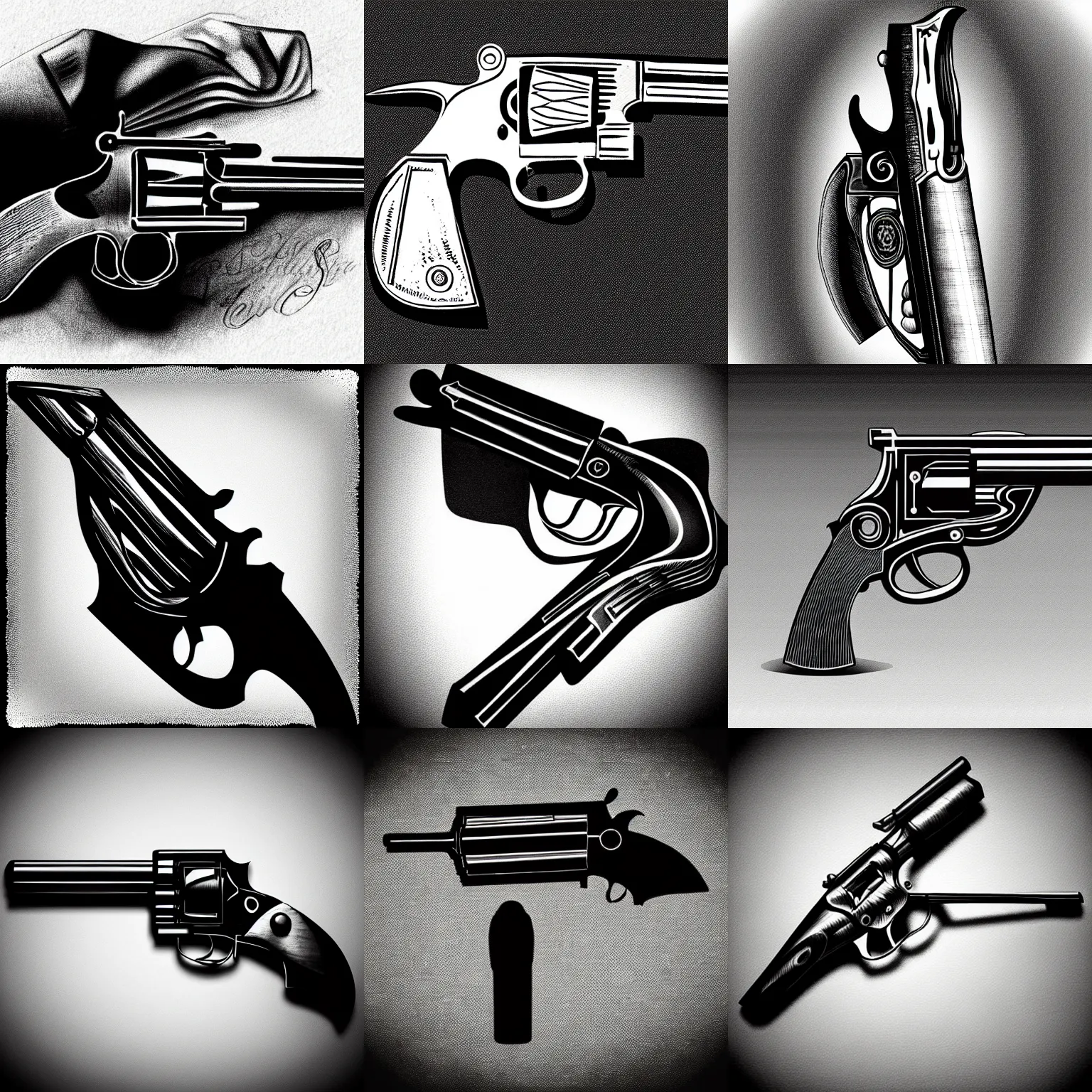 Prompt: pen and ink portrait of a revolver on a spotlight background, impressive scene. grainy and rough. black and white colour scheme. beautiful artistic detailed digital art