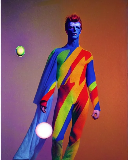 Image similar to david bowie as a ziggy stardust levitating and surrounded by transcendental light by jean auguste dominique ingres by agnes pelton, luminous orbs, labyrinthine, mystical