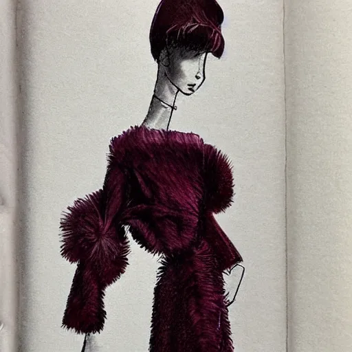 Prompt: a light feminine dress made of feathers and burgundy fur, fashion sketch by karl lagerfeld