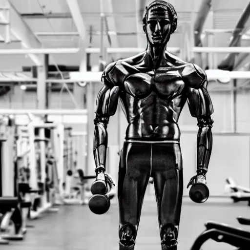 Prompt: a realistic detailed photo of a guy who is an attractive humanoid who is half robot and half humanoid, who is a male android, attractive and handsome jogger, shiny skin, posing like a statue, blank stare, in a factory, on display, showing off his muscles, wearing gym shorts, side view, looking at each other mindlessly