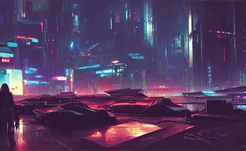 Prompt: a cyberpunk futuristi and cinematic harbour at night by greg ruthkowski and craig mullins