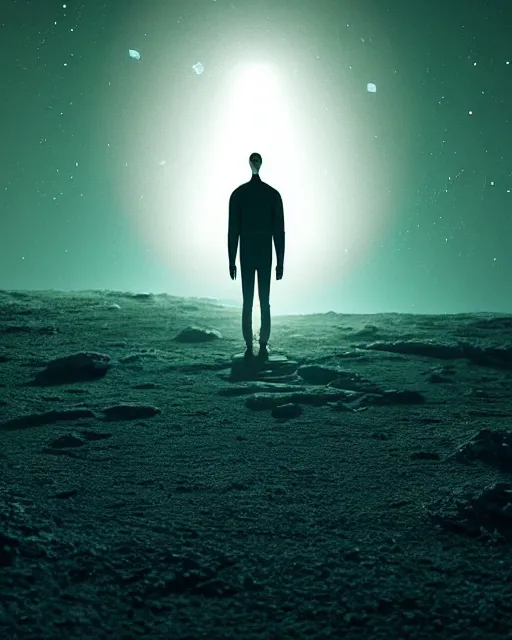 Image similar to a person standing in front of a glowy open door that's on a barren moon, poster art by mike winkelmann, trending on cg society, space art, sci - fi, ue 5, futuristic, volumetric lighting, light casting onto the ground, neat composition and camera angle