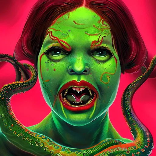 Image similar to highly photorealistic expired fuji film portrait of woman with long tentacled red tongue combined with stranger creatures, in the style of frank bairstow, artgerm, james cameron, marvel comics, ridley scott, cinematic lighting, imax quality, 8 k, award winning photography