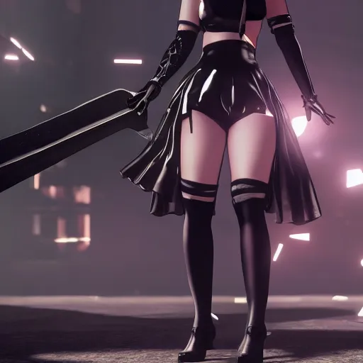 Image similar to 2B from Nier Automata wearing short clothes, art station, trending, editor’s pickup, cinematic lighting, 4k,