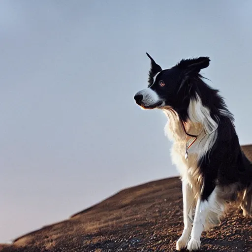 Image similar to Border Collie, splash art, movie still, cinematic lighting, dramatic, octane render, long lens, shallow depth of field, bokeh, anamorphic lens flare, 8k, hyper detailed, 35mm film grain