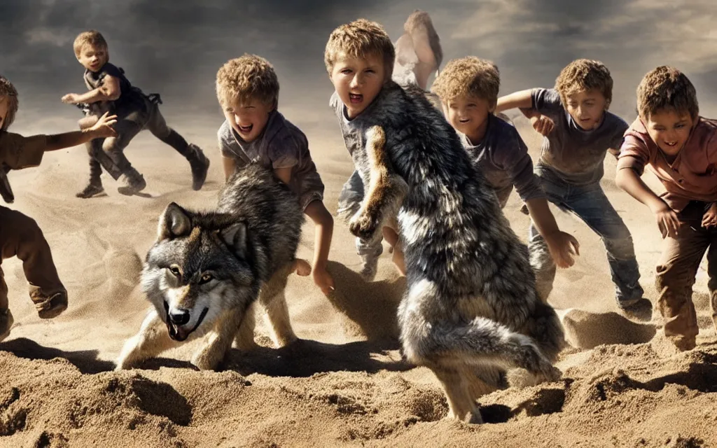 Image similar to wolfs and kids playing in the sandbox photo screen form michael bay film