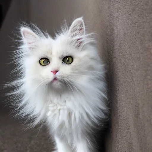 Image similar to Fluffy long fur white and grey cat, yellow eyes, cute, 4K