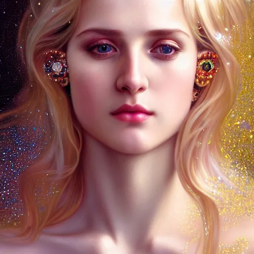 Image similar to portrait of a blonde girl surrounded by shimmering reflective gems, face, fantasy, intricate, elegant, dramatic lighting, highly detailed, lifelike, photorealistic, digital painting, artstation, concept art, smooth, sharp focus, illustration, art by John Collier and Krenz Cushart and Artem Demura and Alphonse Mucha and and Albert Aublet