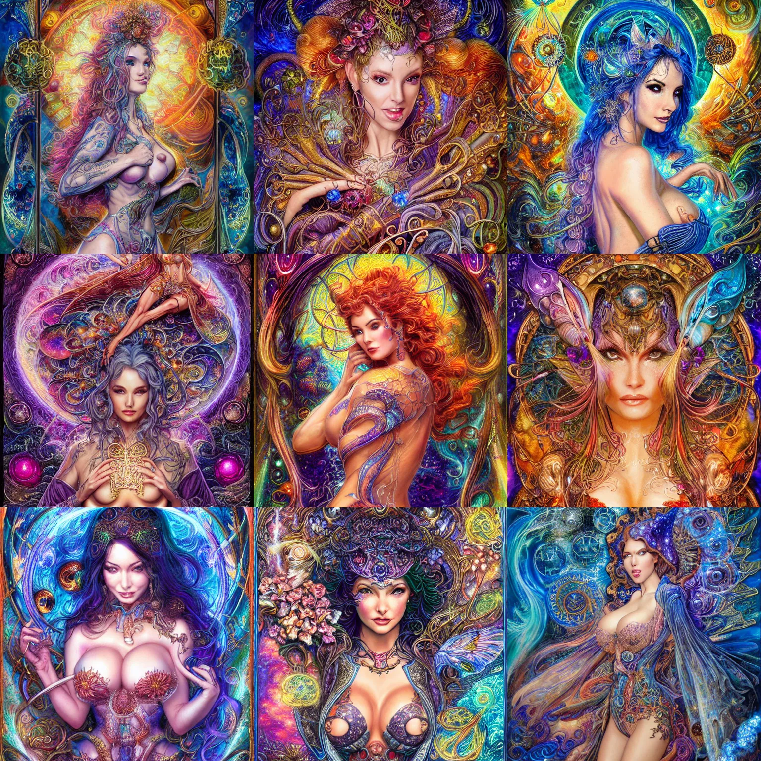 Prompt: wlop, a highly detailed tarot card of romi rain fractal by josephine wall, audrey kawasaki, virgil finlaytim hildebrandt, liam wong, mark riddick, aoi ogata, mao hamaguchi, thomas kinkade, ernst haeckel,, trending on artstation, beeple