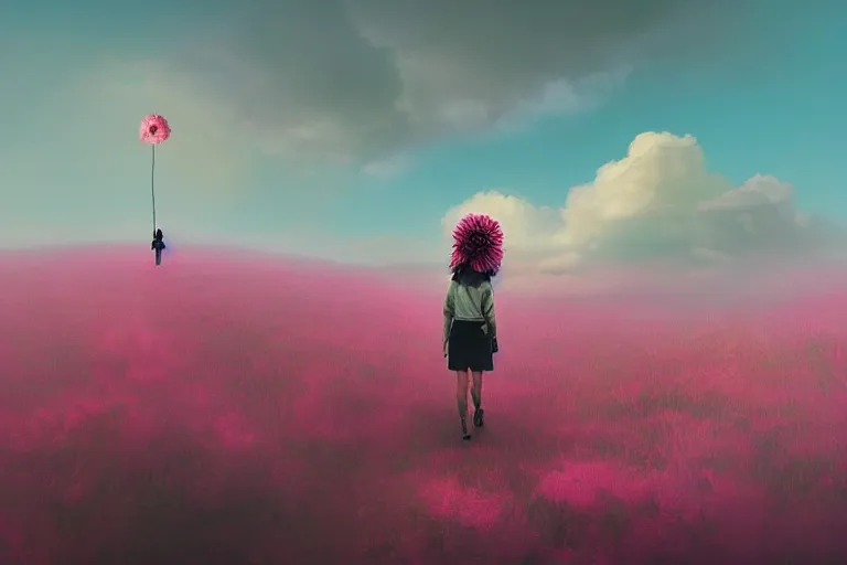 Image similar to a giant dahlia flower crown head, girl walking on mountain, surreal photography, pink storm clouds, dramatic light, impressionist painting, digital painting, artstation, simon stalenhag