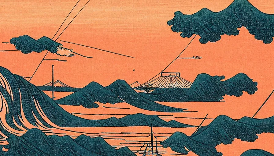 Image similar to sunset over the san francisco bay area by katsushika hokusai