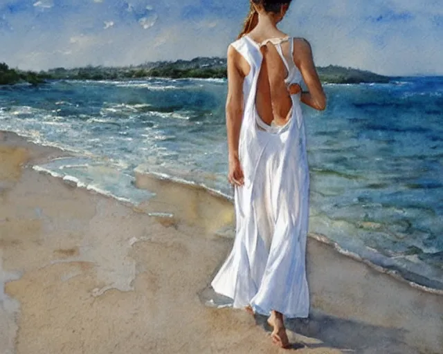 Image similar to a photorealistic watercolor of a woman with translucent white dress walking by the beach, by Steve Hanks, highly detailed and realistic, intricate HD, emotional realism