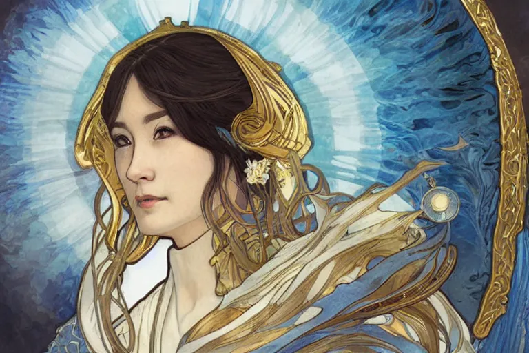 Image similar to a portrait of king baby harp seal, lord of the Arctic, portrait, gold blue silver and white colors, water color, art by artgerm and greg rutkowski and alphonse mucha and jin xiaodi and anthony devine