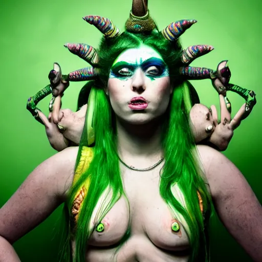 Image similar to green haired woman with bullhorns coming out of her head, six arms, hyperdetailed legs, Egyptian makeup, psychedelic clothing