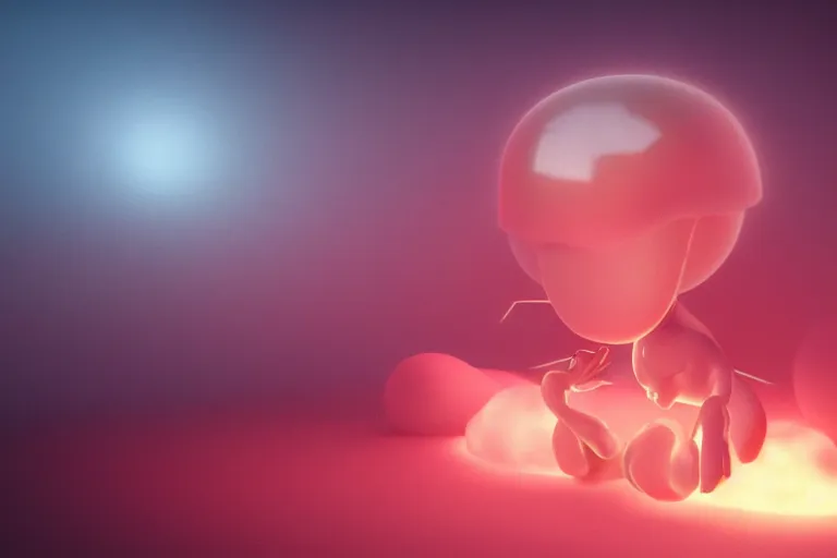 Image similar to a cute alien sitting on a cloud relaxing, misty, glows, blender render, hazy, foggy, red lighting,