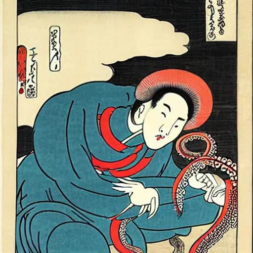 Image similar to an octopus teaching a man to use a computer, ukiyo-e by Utagawa Kuniyoshi
