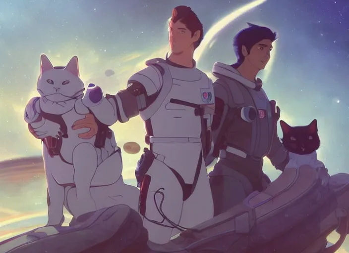 Image similar to a space handsome gay guys and their 1 0 pet space cats staring role in a musical sci - fi space opera ghibli animated film, volumetric lighting, octane render by stanley artgerm lau, greg rutkowski, thomas kindkade, alphonse mucha, loish, norman rockwel, 8 k greg rutkowski