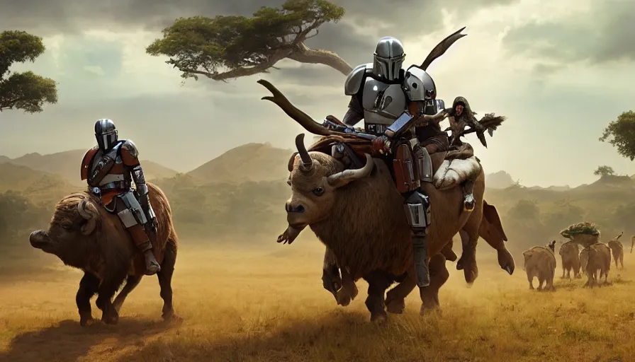 Prompt: mandalorian riding a buffalo through madagascar with baobabs trees, animals chasing, action scene, an epic fantasy, artgerm and greg rutkowski and alphonse mucha, an epic fantasy, volumetric light, detailed, establishing shot, cinematic, photorealistic, hyper detailed, ultra realistic, trending on art station, octane render, midsommar