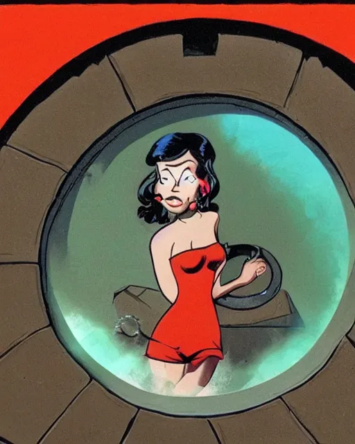 Image similar to attractive young woman peering into manhole cover open swirling into another dimension, surreal, ralph bakshi