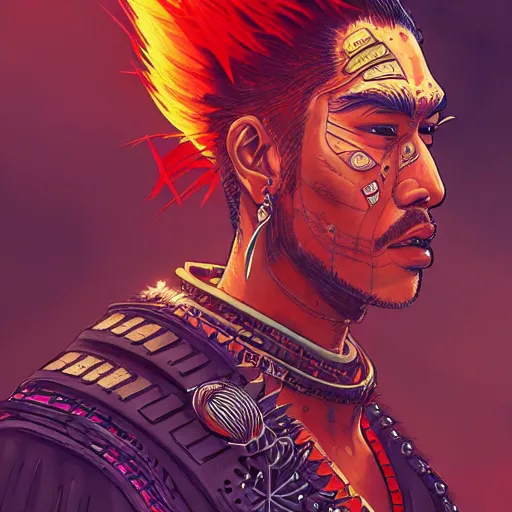 Prompt: portrait painting of a maori street samurai with spiky red hair, cyberpunk, glitchwave, sharp focus, award - winning, trending on artstation, masterpiece, highly detailed, intricate. art by josan gonzales and moebius