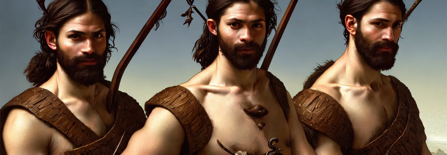 Prompt: renaissance upper body portrait of a gruff ranger with a spear, kurikuro, lean and toned, handsome face, hairy chest, D&D, intricate, elegant, highly detailed, digital painting, artstation, concept art, matte, sharp focus, illustration, art by da Vinci, Artgerm and Greg Rutkowski and Alphonse Mucha