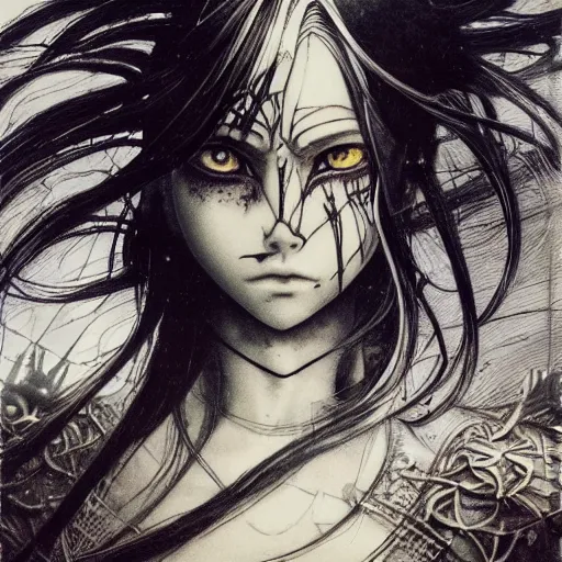 Image similar to Yoshitaka Amano realistic illustration of an anime girl with black eyes, wavy white hair fluttering in the wind and cracks on her face wearing Elden ring armour with engraving, abstract black and white patterns on the background, noisy film grain effect, highly detailed, Renaissance oil painting, weird portrait angle, blurred lost edges, three quarter view