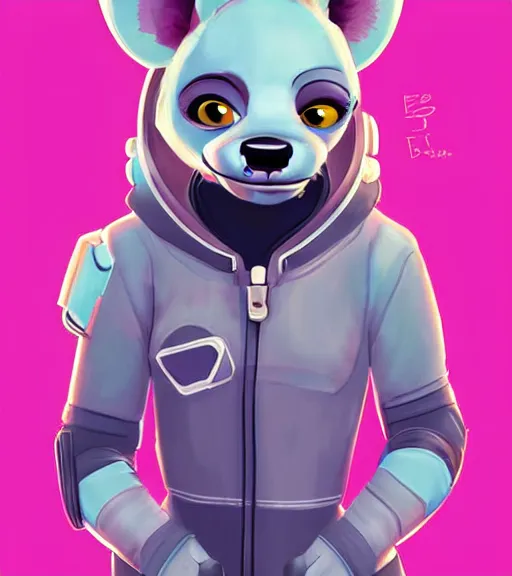 Image similar to digital detailed art of furry female hyena, in style of zootopia, fursona, furry, furaffinity, deviantart, wearing astronaut outfit, floating in space, space background, hyena fursona, cyberpunk, female, detailed face, style of artgerm,