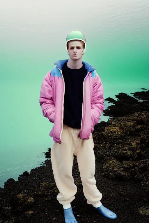 Image similar to high quality pastel coloured film mid angle portrait photograph of a beautiful young 2 0 year old male, soft features, short hair, perspex space visor and oversized inflated clothing!!!! icelandic black! rock pool environment. atmospheric three point light. photographic. art directed. ( pastel colours ). volumetric. clearcoat. waves. 8 k. filmic.