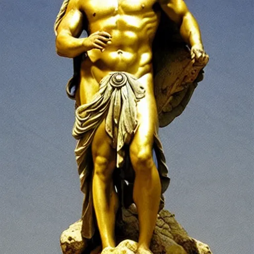 Prompt: a marble statue of zeus at olympus laid with gold
