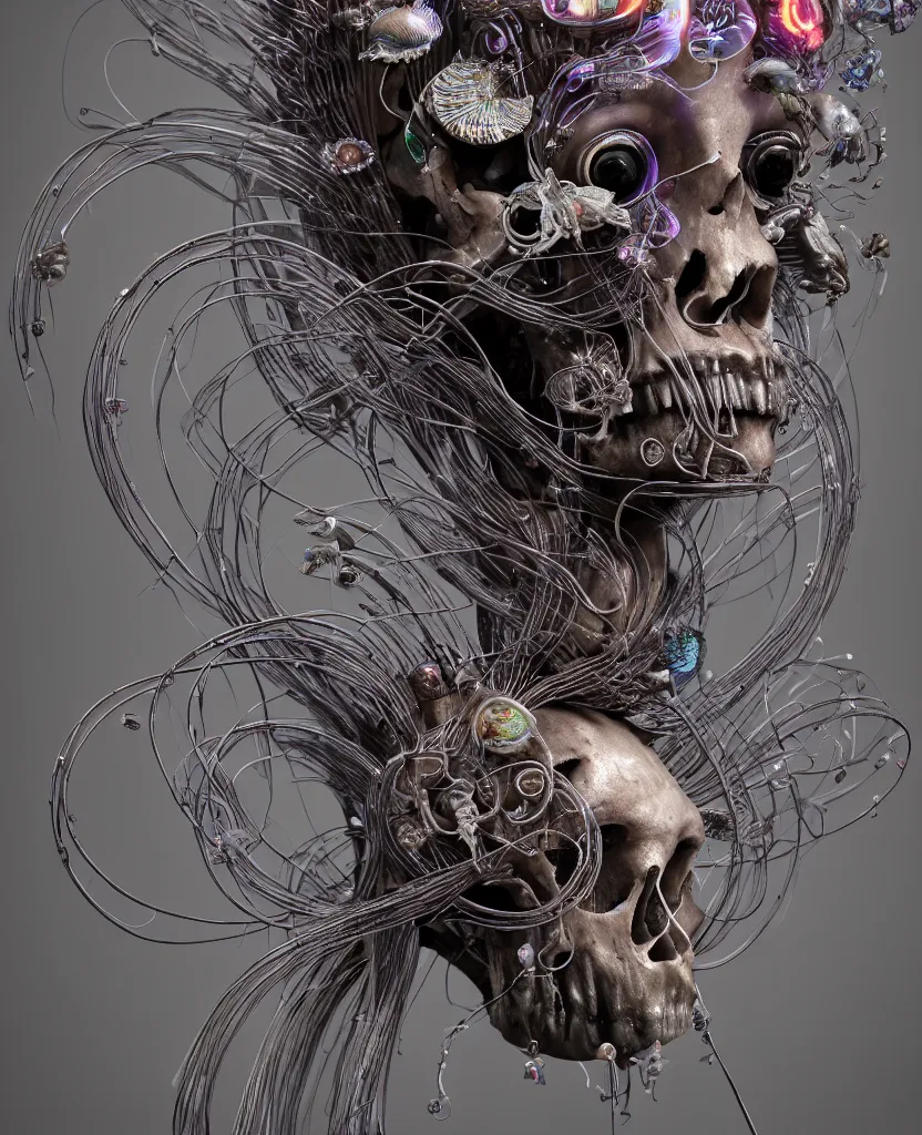 Image similar to goddess princess face close-up portrait ram skull. sculpture made of neon lamps and metal. jellyfish phoenix head, nautilus, orchid, skull, betta fish, bioluminiscent creatures, intricate artwork by Tooth Wu and wlop and beeple. octane render, trending on artstation, greg rutkowski very coherent symmetrical artwork. cinematic, hyper realism, high detail, octane render, 8k