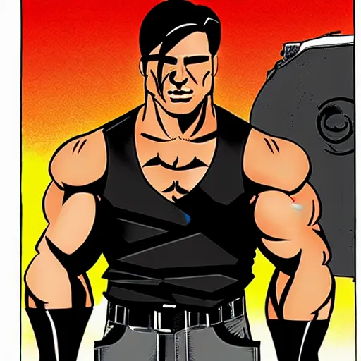 Prompt: muscular man wearing a vest, black vest open with no shirt underneath, cargo pants, ammo belt, holding a blaster, long black hair in a ponytail, five o' clock shadow, comic book art, realistic