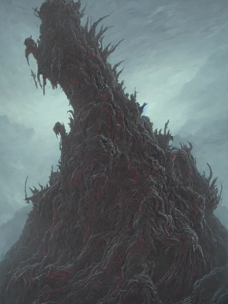 Prompt: painting of an enormous abyssal cosmic horror creature descending from the sky into a ruined mountainside fortress, grimy, gritty, trending on artstation, award winning painting, classic, masterpiece, art by zdzisław beksinski and anato finnstark and bayard wu and wayne barlowe