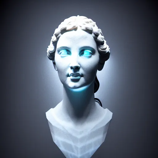 Prompt: sci - fi cgartist wide shot anaglyph ambient occlusion rendering of a hyper realistic marble greek statuary regal goddess glowing with embedded leds head product photo high key colored lighting, trending on artstation volumetric lighting