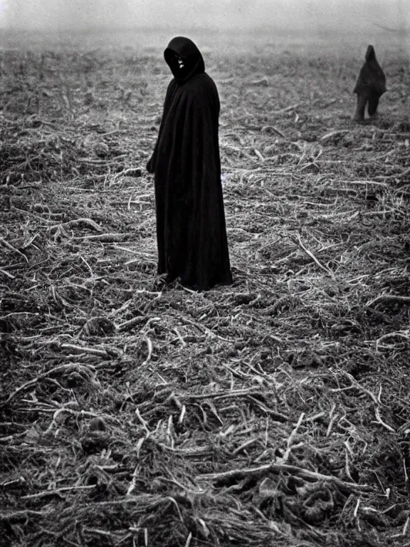 Image similar to portrait of faceless grim reaper standing in field of bones, ww1 photo, grainy, high detail, high resolution,