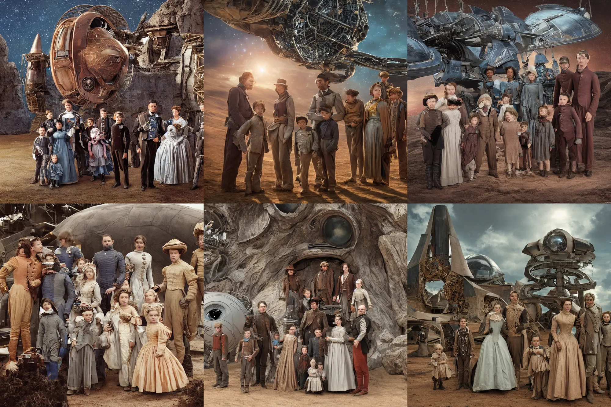 Prompt: highly detailed, 524288k film still from a sci fi blockbuster color movie made in 2019, set in 1860, of a family standing in front of a spaceship that has just landed on an alien planet, a humanoid alien creature stands nearby, the family are all wearing 1860s era clothes, good lighting, good photography, highly detailed faces