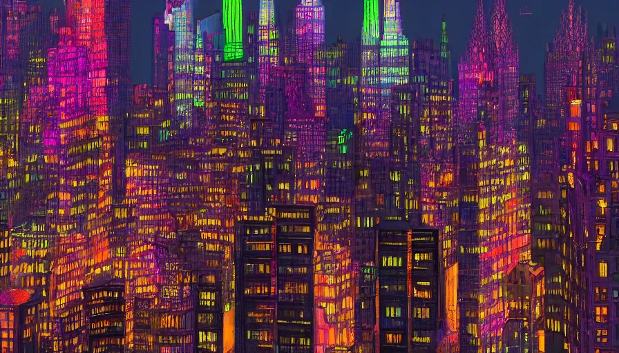 Prompt: view of neo - gothic new york city with neons decorating buildings from hudson river, hyperdetailed, artstation, cgsociety, 8 k