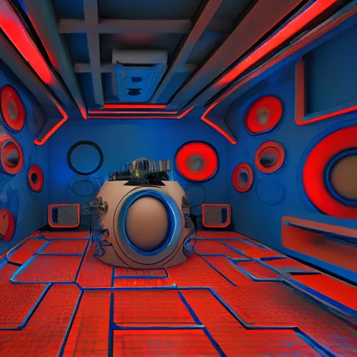 Image similar to interior of alien laboratory with strange device at the center of a room, eerie blue and red colors, photo, 4 k