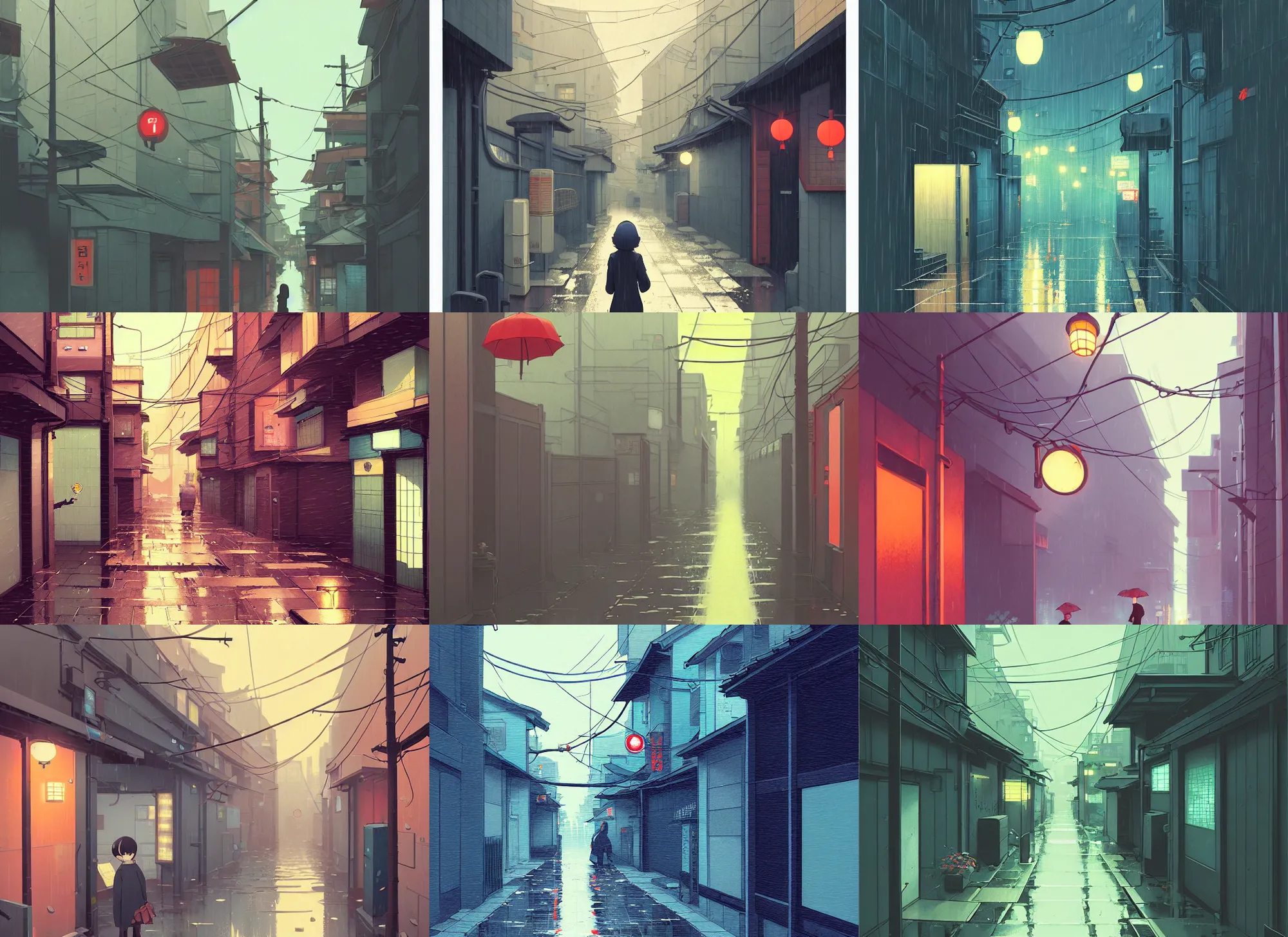 Prompt: tokyo alleyway, rainy day, by cory loftis, atey ghailan, makoto shinkai, hasui kawase, james gilleard, beautiful, serene, peaceful, lonely, cold tones